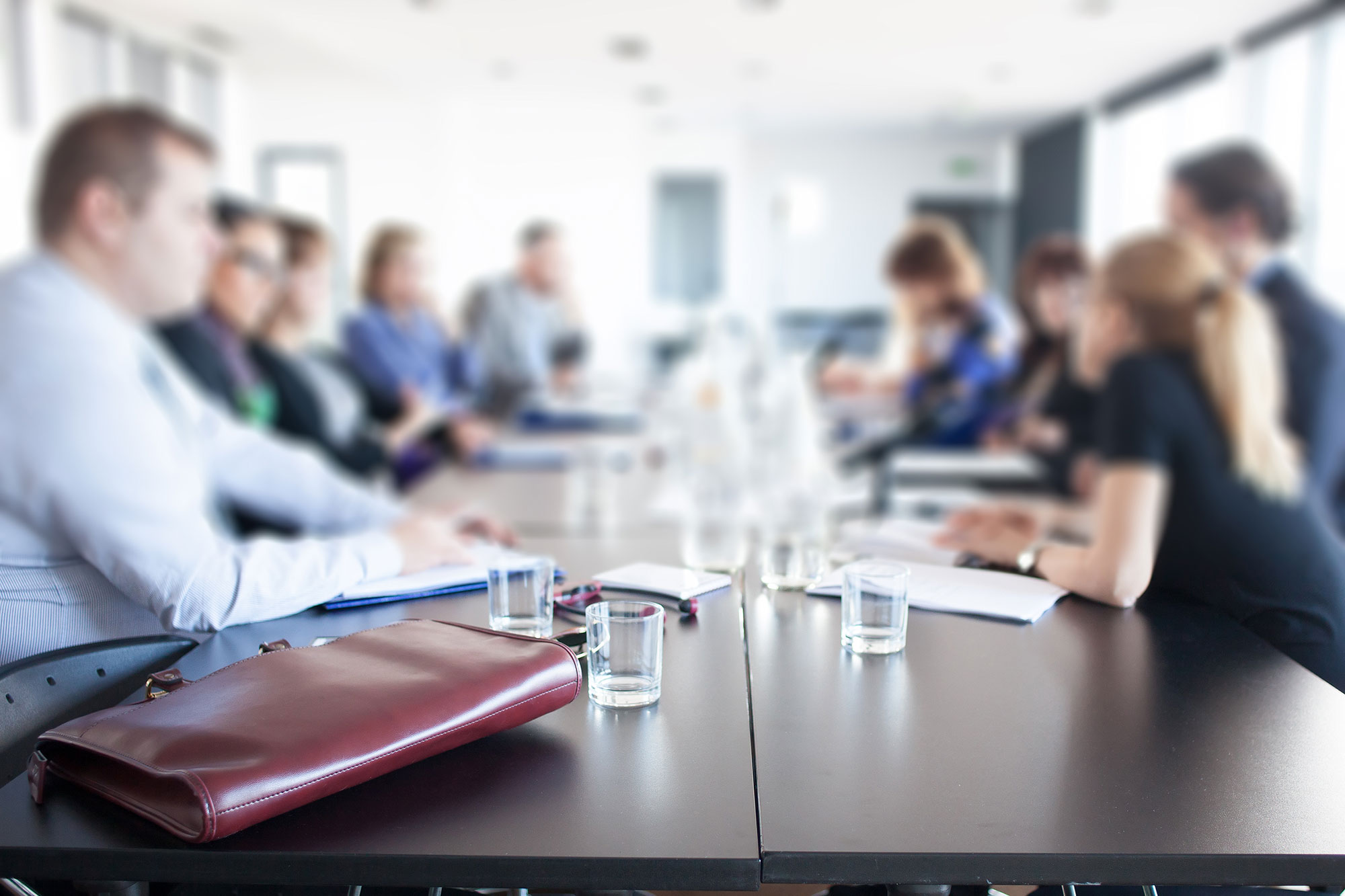 Business people facing each other along a table